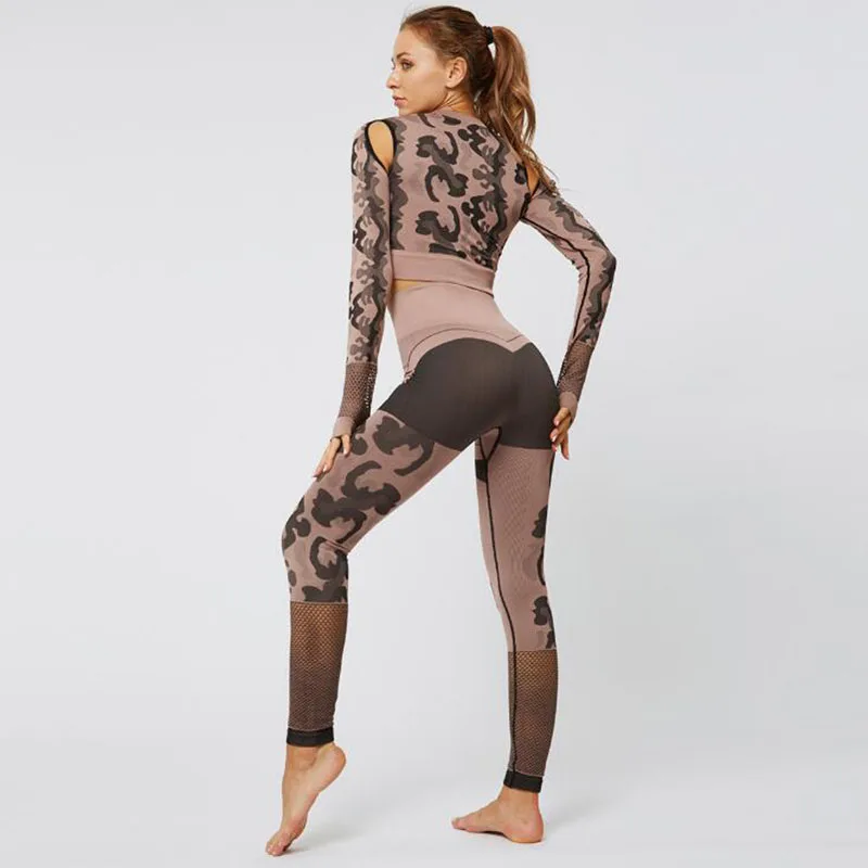 

Women's Yoga Set Camouflage Hollow Seamless Fitness Sportswear Suit Gym Leggings + Long sleeve Sports TOP 2PC Sports Suits
