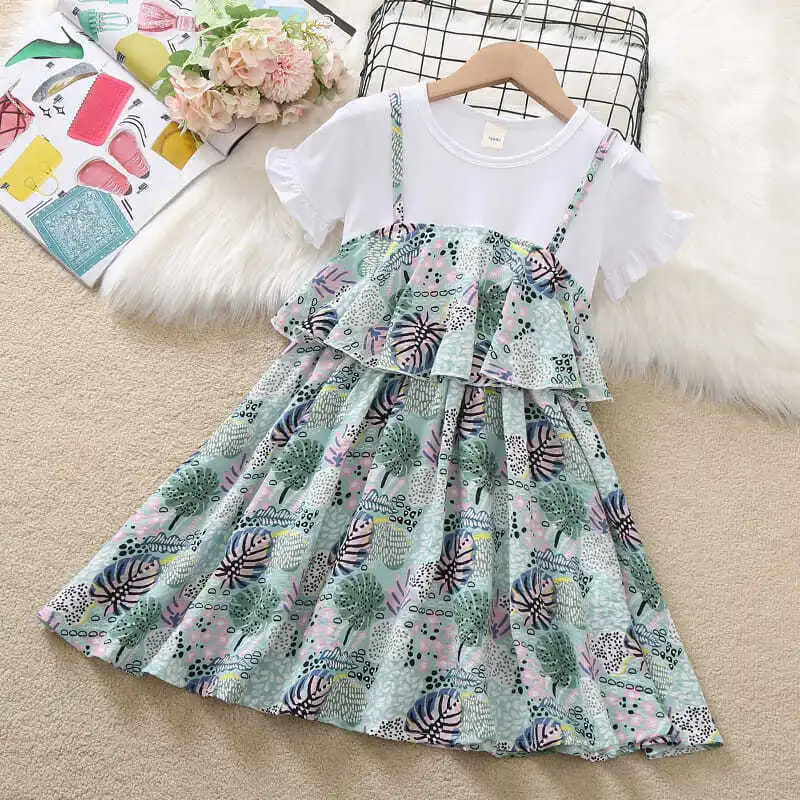 

Cotton Big Girls Flower Dress Summer New Kids False 2 Pieces Princess Party Dress Ruffles Floral Casual A-line Children Clothes