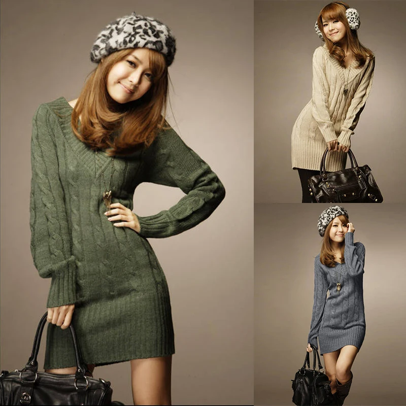 Платье-Свитер размера плюс женский зимний теплый толстый свитер грубое