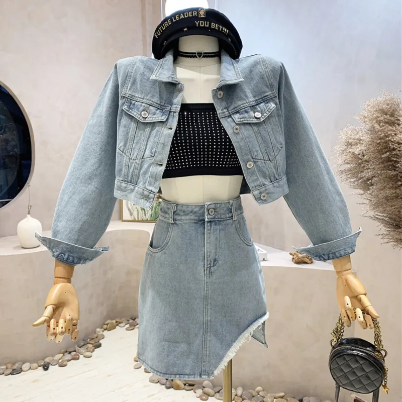 

Fall Winter Fashion Streetwear Denim 2 Piece Set Women Crop Top Short Jacket Coat + Mini Skirt Sets Casual Skirt Two Piece Suits