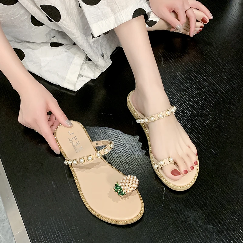 

Slippers Casual Shoes For Girls Slides String Bead Rubber Flip Flops Slipers Women Luxury Lady Flat Soft Summer Hawaiian 2021 PU