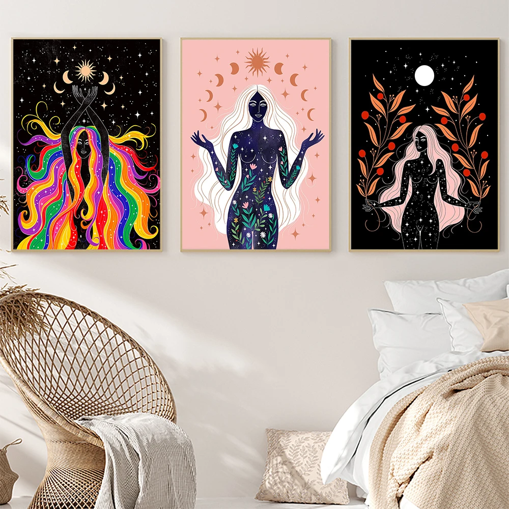

Earth Goddess Prints Posters Witchcraft Stars Moon Magical Sun Canvas Painting Wall Art Pictures Living Room Home Decor