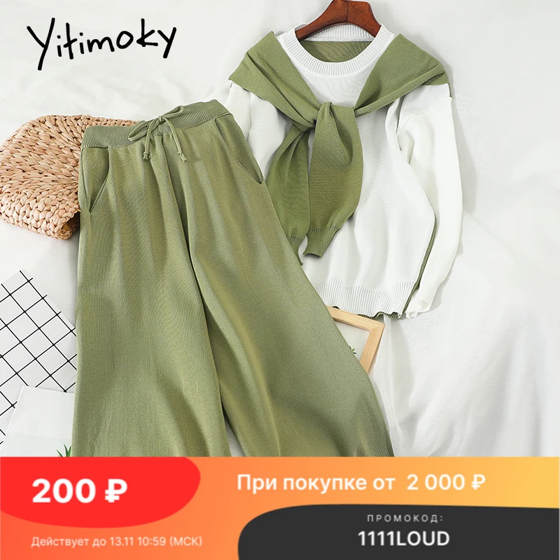 

Женский трикотажный костюм Yitimoky, повседневный комплект из 2 предметов в Корейском стиле, пуловер с вставками, брюки с широкими штанинами и О-...