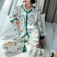 qweek satin pajamas women floral print pijamas autumn bedroom set 2 piece sleepwear long sleeve pyjamas asian style loungewear
