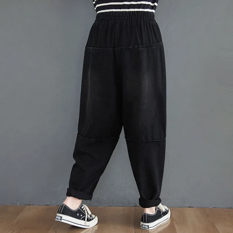 

Women Black Casual Jeans New Arrival 2021 Spring Boyfriend Style Big Pocket Loose Female High Waist Denim Harem Pants S3262
