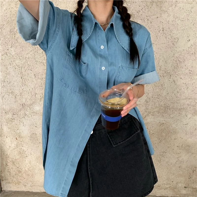 

Cotton Solid Color Denim Korean Loose Jeans Women Shirt Denim Half Sleeve Camisas Mujer Blusas Shirts Tops Women Blouse 1601F