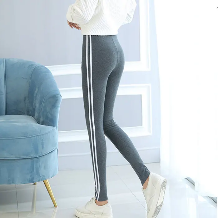 

Women Soft Elastic High Waisted Black Light Dark Grey Workout Gym Cotton Leggings for Women Side Stripe Joggers Fitness Capri