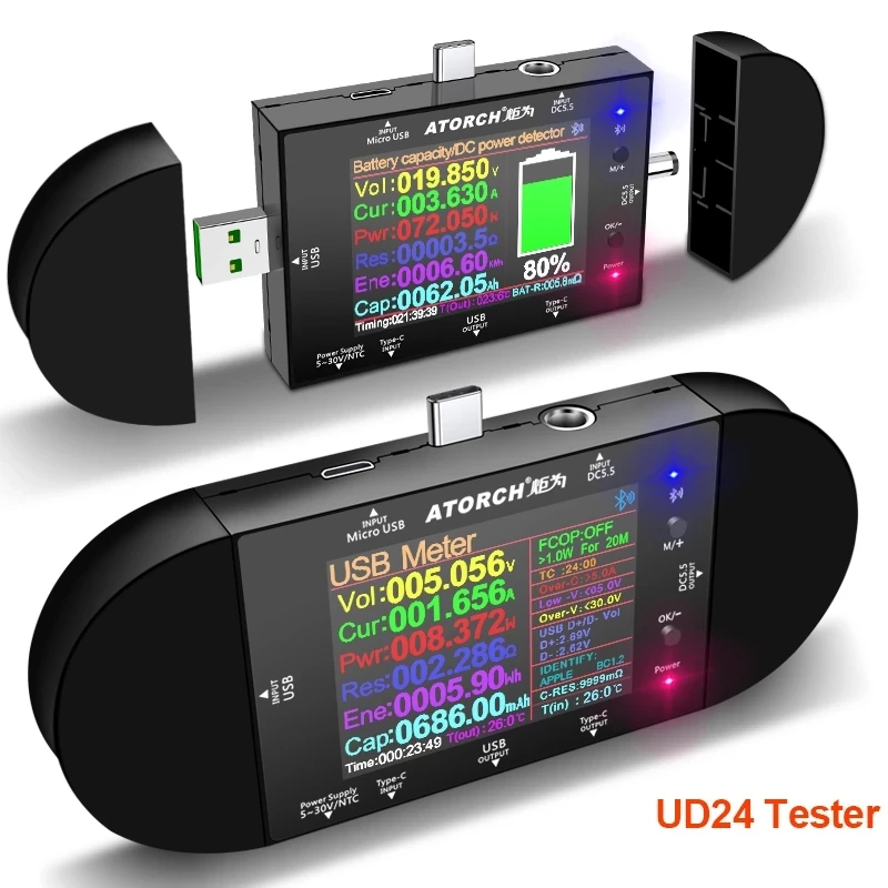 

UD24 USB Tester Type-C 2.4"inch DC5.5 Digital Ammeter Voltmeter Power Bank Voltage Detector Volt PD Trigger Electric Meter