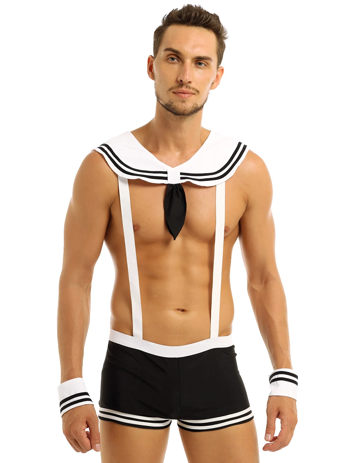 

Men Sailor Cosplay Costume Underwear Set Elastic Suspenders Boxer Shorts with Collar and Cuffs Male Gay Erotic Sexy Lingerie Set