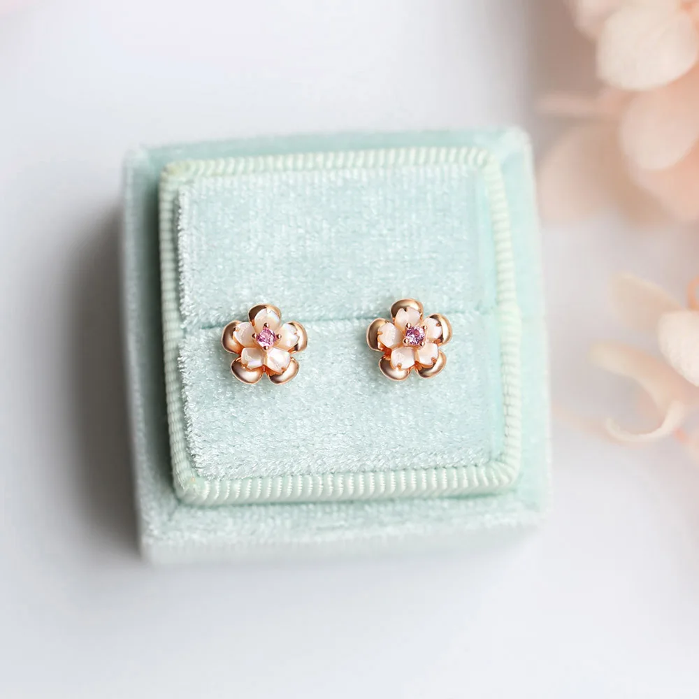 LAMOON Sakura 925 Silver Stud Earrings For Girl Women Natural Pink Shell Mini Flower 18K Rose Gold Plated Fine Jewelry LMEI096