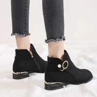 winter warm women short ankle chelsea boots leather elegant low heels pearl buckle botines mujer zip shoes big size 44