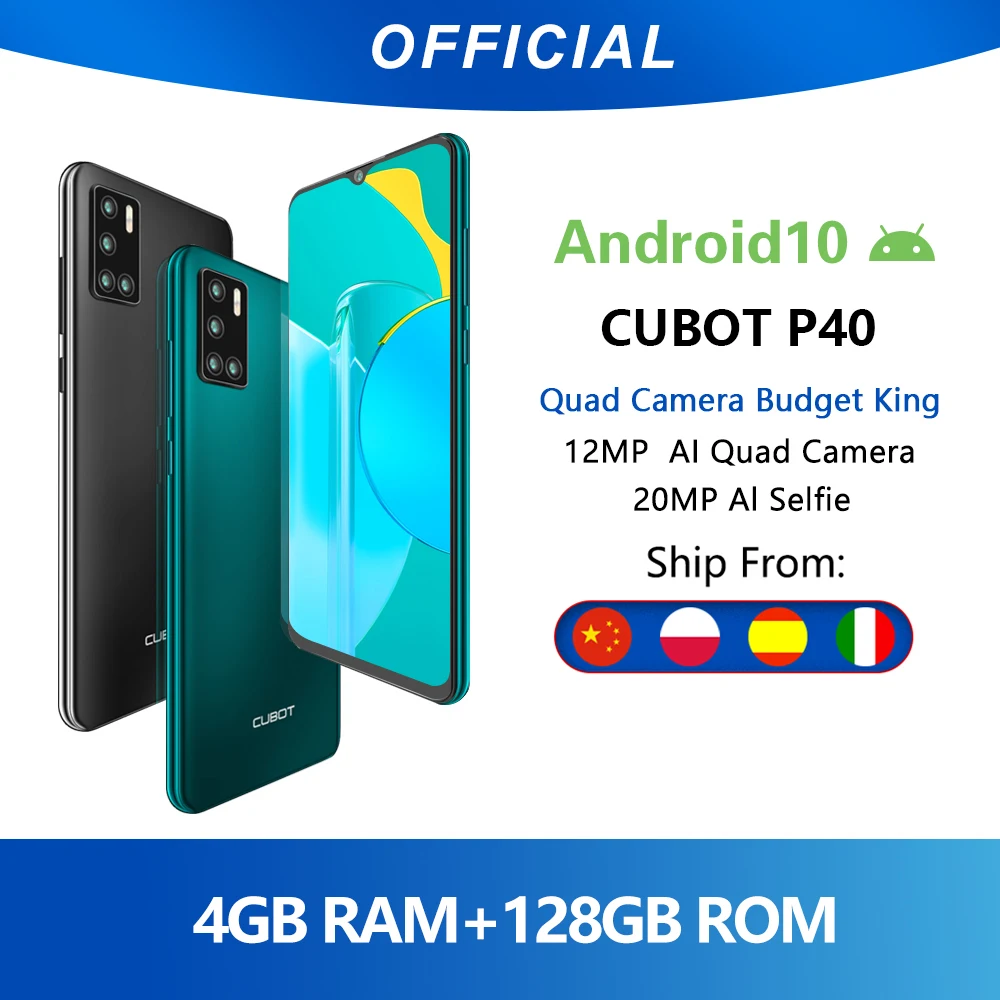 aliexpress - Cubot P40 Rear Quad Camera 20MP Selfie Smartphone NFC 4GB+128GB 6.2 Inch 4200mAh Android 10 Dual SIM Card mobile phone 4G LTE