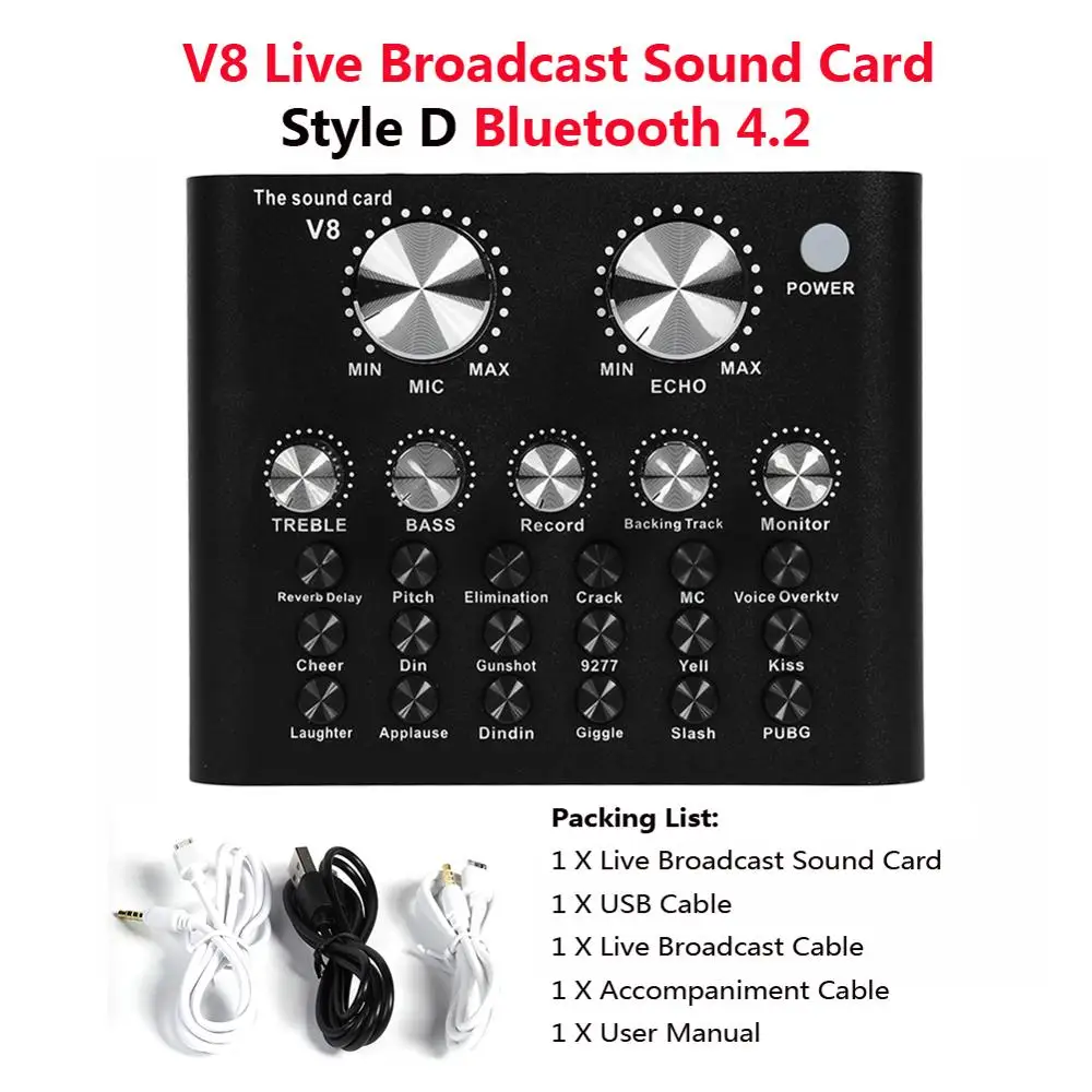 ALLOYSEED V8 аудио USB микрофон гарнитуры трансляция Live звуковая карта 112 виды Электрический звуковой трансляции для телефона компьютер PC аудиокарта звуковая карта внешняя звуковая карта - Цвет: V8 Style D BT4.2