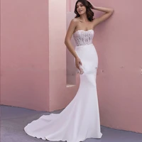 sexy mermaid wedding gown 2022 sleeveless strapless lace appliques court train jersey bridal dress custom made robe de mari%c3%a9e