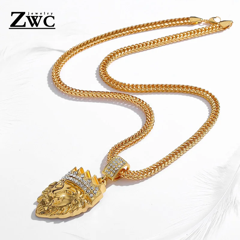 

ZWC New Charm Fashion Crown Lion Pendant Necklace For Women Men Wedding Party Upscale Romantic Crystal Inlay Necklace Jewelry