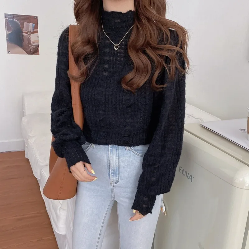 

Women Retro Blouses 2021 Spring Autumn Long Sleeve Turtleneck Chiffon Shirts Female Puff Sleeve Solid Lace Bottoming Tops Mujer