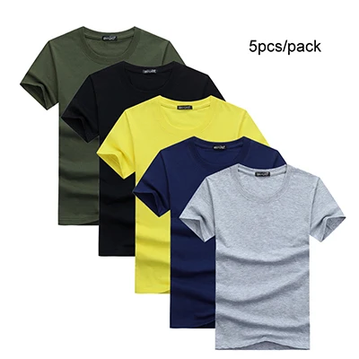 mixed 5 colors 5 шт./партия, повседневные стильные однотонные мужские базовые футболки, хлопковая рубашка из спандекса с короткими рукавами, черные, желтые, мужские летние топы для подростков - Цвет: mixed 5 colors