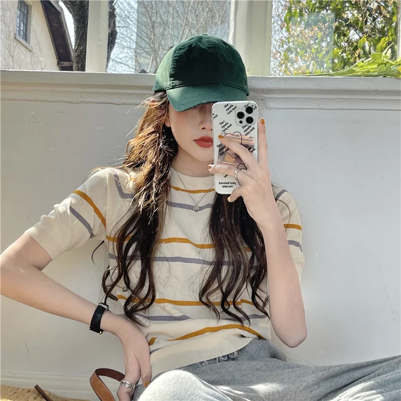 

Chic Korean Clothes Style Slim-Fit Contrast Colors Striped Short Sleeve Sweater Crew Neck T-shirt Summer Top Tshirt Harajuku