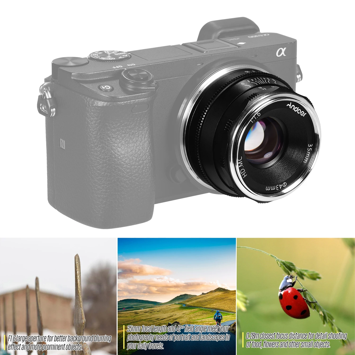 Andoer 35 мм F1.6 Камера объектив Ручной фокус линзы большая апертура для sony A6600 A6100 A6400
