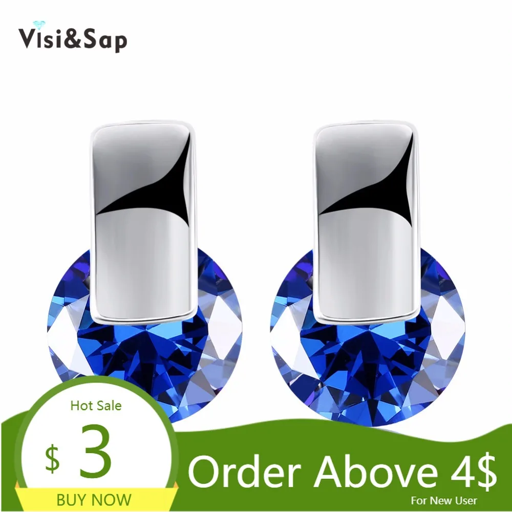 

Visisap Classic blue Cubic zirconia Stud Earrings For Women wedding engagement earring Round Stone fashion Jewelry VKZCE159