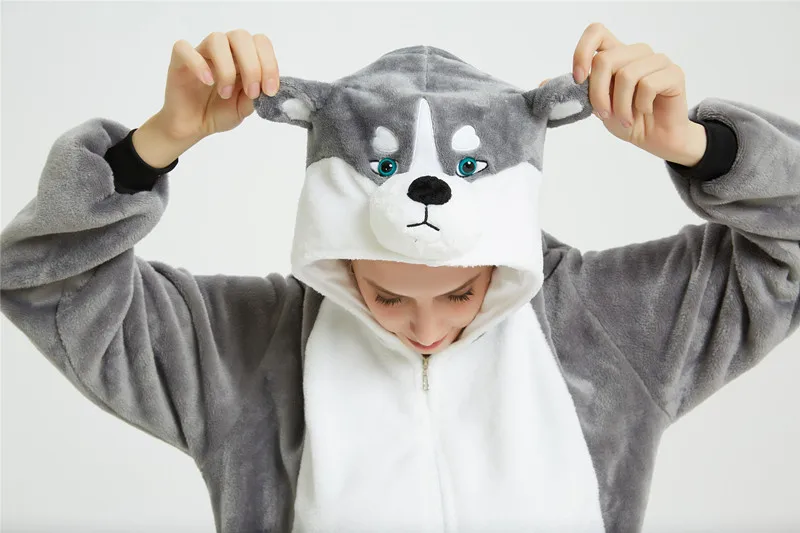 Gray Husky Трицератопс динозавр Хаски Minotaur Кот лев Король панда Мангуст Кигуруми для взрослых костюмы для косплея на Хэллоуин комбинезоны пижамы - Цвет: Gray Husky