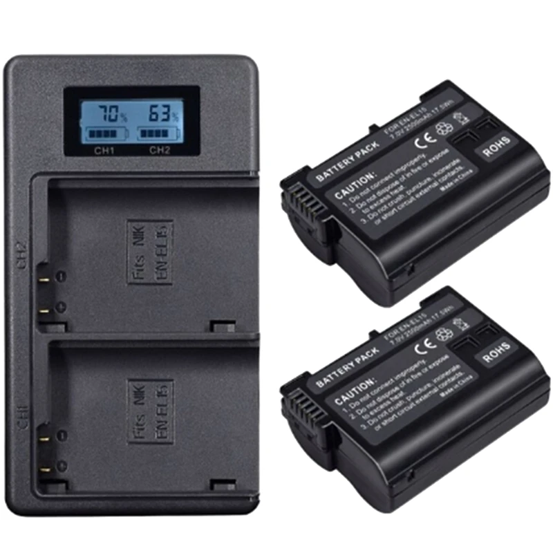 MOOL 2 шт. EN EL15 EL15A ENEL15A RU Батарея + USB Dual Зарядное устройство для Nikon D850 D810 D810A D750 D500 D7500