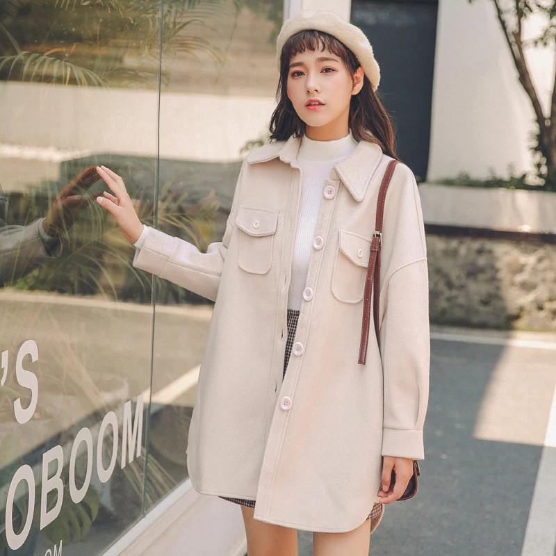 

Wool Blend Coat Women Long Sleeve Collar XS-L Outwear Long Jacket Korean Casual Winter Elegant Overcoat women Woolen Coat
