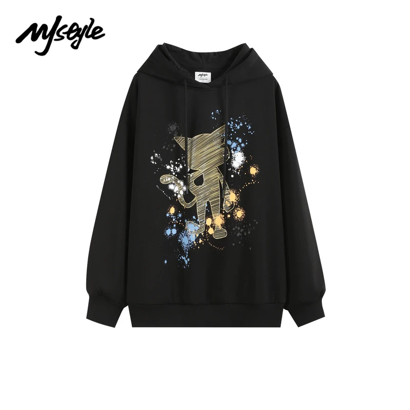 

Mjstyle зимние женские элегантные теплые черные плюшевые толстовки с капюшоном с изображением кота флисовые пуловеры спортивная одежда корей...