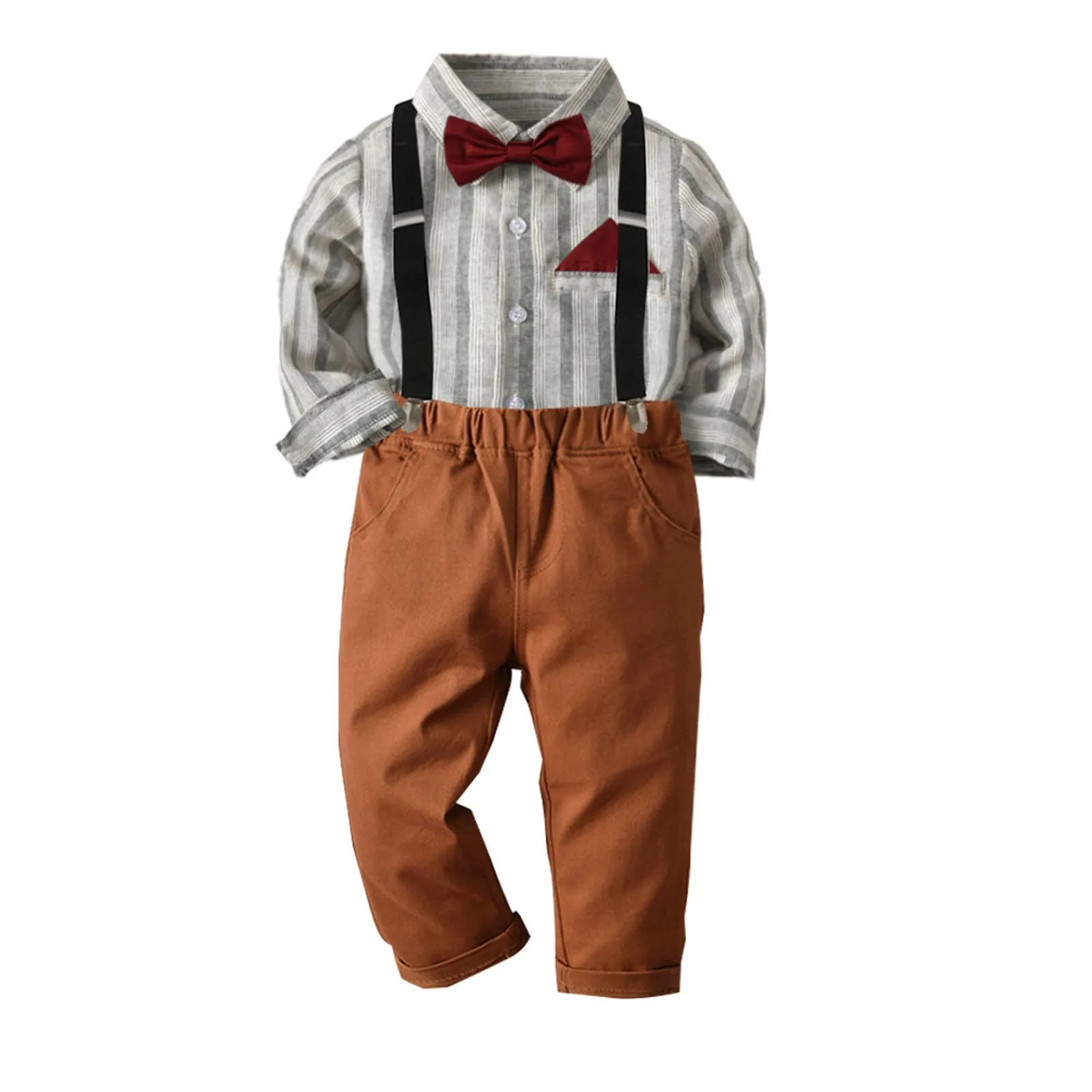 

Autumn Kids Gentleman Clothes For Boys Fashion Stripe Bow Tie Long Sleeve T-Shirt Suspender Pants Outfits Children Clothing 2-8Y