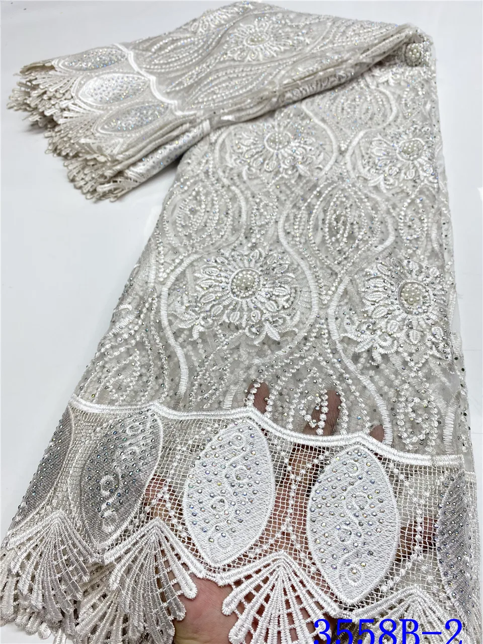 

White Color African French Lace Fabric with Stones Best Price Nigerian Mesh Net Lace Fabric for Bridal Materials APW3558B