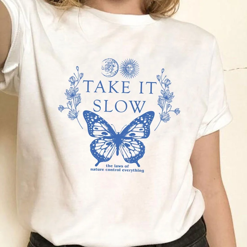 

Женская Винтажная футболка с коротким рукавом, летняя хлопковая футболка с коротким рукавом и принтом слогана бабочки