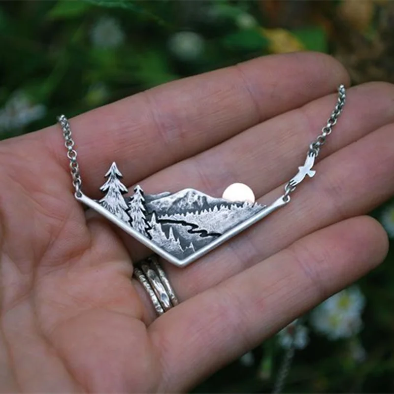 

Wandering River Mountain Valley Sunset Nature Necklace Silver Plated Pendant Charm Chain Necklaces Women Female Jewelry Gifts
