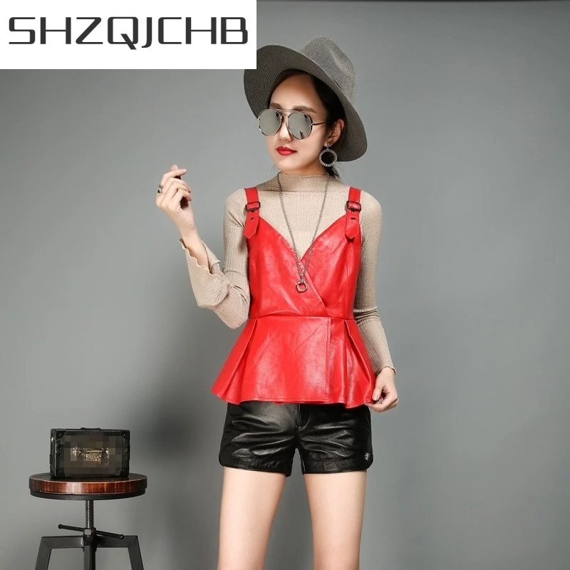 

JCHB 2021 New Fashion Women Casual Suspenders Vest Ruffles Sheepskin Genuine Leather Female Outwear Short Style Waistcoat Slim F
