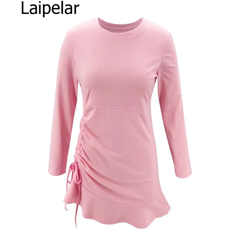 Сексуальное мини платье с круглым вырезом и высокой талией длинными рукавами