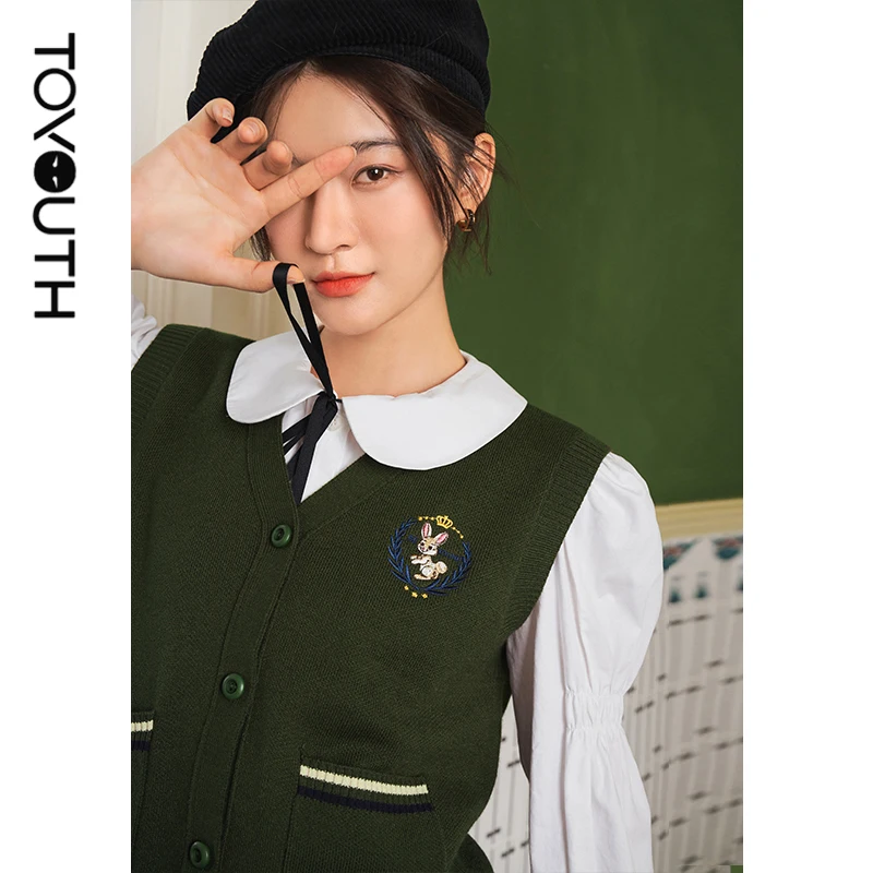 

Toyouth Women Sweater Vest Spring Winter Sleeveless V Neck Cardigan Funny Embroidery Double Pockets Vintage Casual Knitted Tops