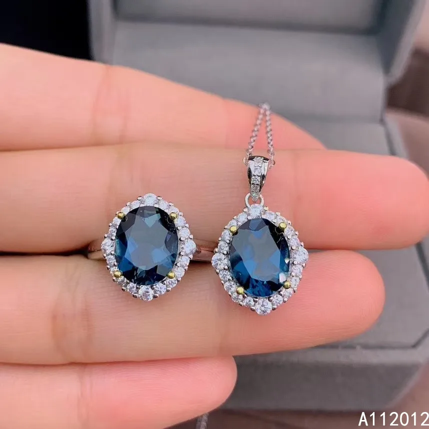 KJJEAXCMY fine jewelry natural blue topaz 925 sterling silver noble girl new pendant necklace ring set support test