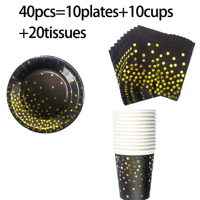 Черная Золотая фольга бумажные тарелки и стаканы Gold с днем рождения одноразовая