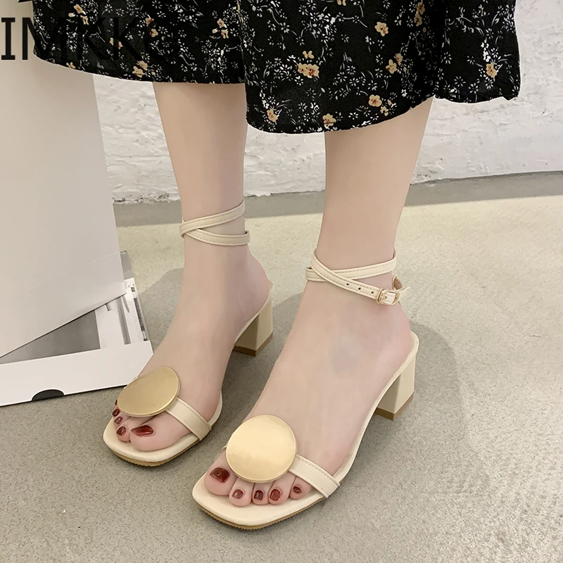 2020 square Heels Women Sandals Summer Shoes Open Toe High metal decoration sandals solid sandals|Боссоножки и сандалии| |