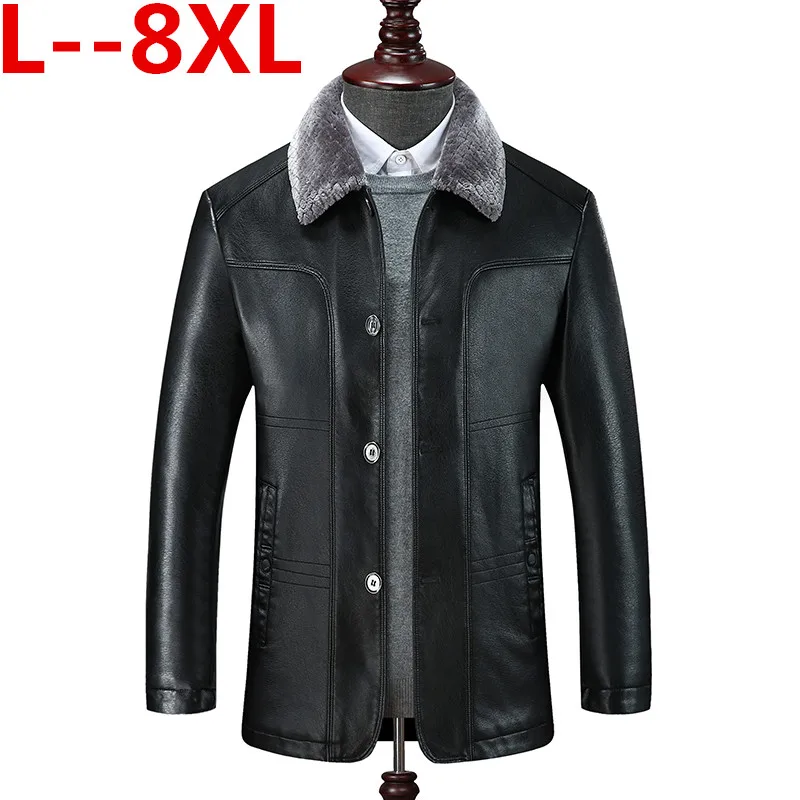 Черный 8XL 6XL мужская куртка из натуральной кожи, зимнее пальто из искусственного меха, Мужская брендовая куртка, Мужская однотонная куртка с воротником-стойкой из натуральной кожи - Цвет: Черный