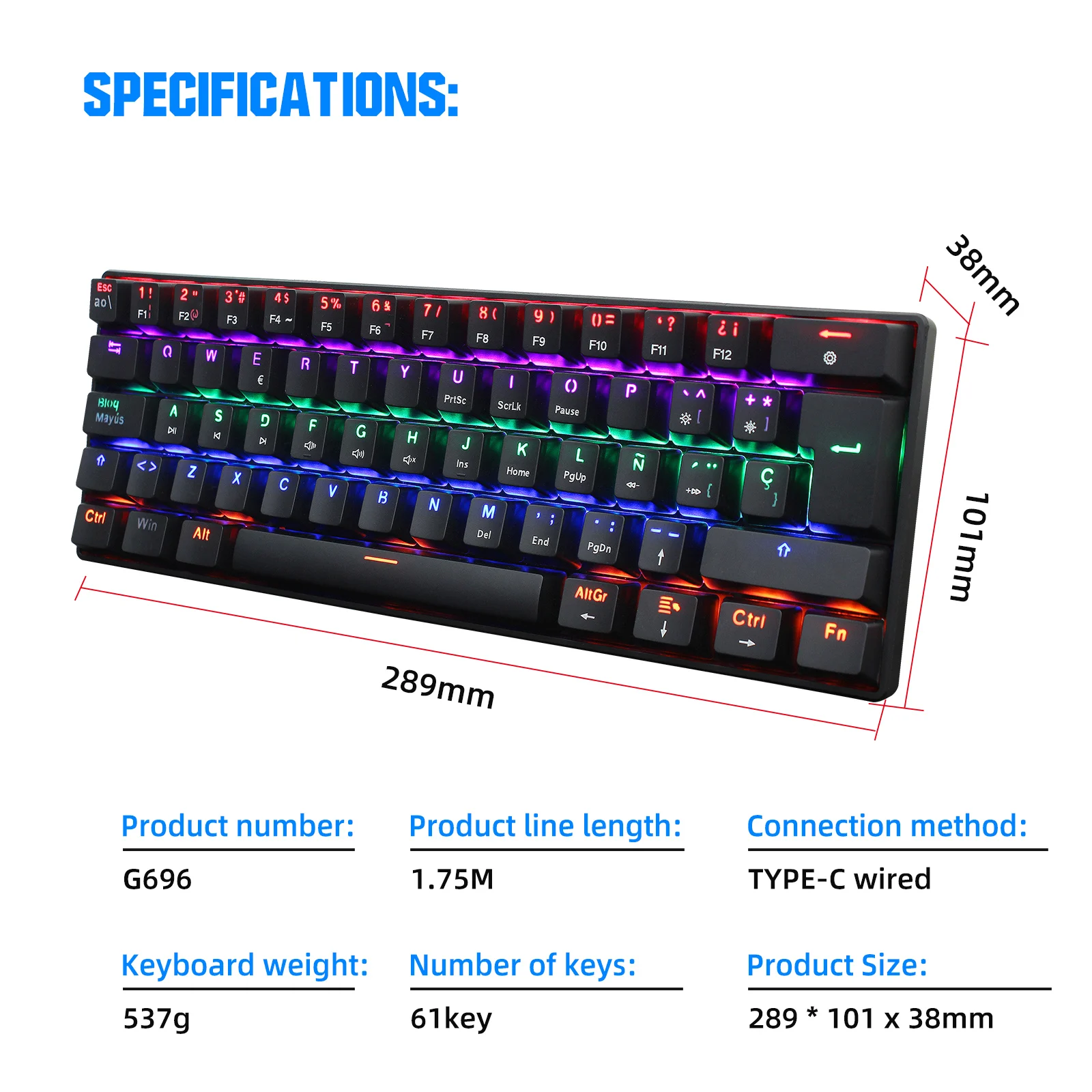 zienstar 60 spanish mechanical gaming keyboard cyan axis wired type c connector with rgb light 61 keys for desktop gamer free global shipping