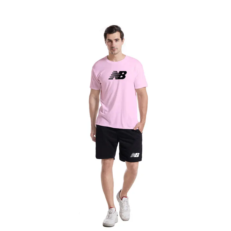 

2021 Europe/America Men Fashion Print Sports Jogging Short Sleeve Pure Cotton Round Collar T Shirt+Sweatshorts Two-piece Suit