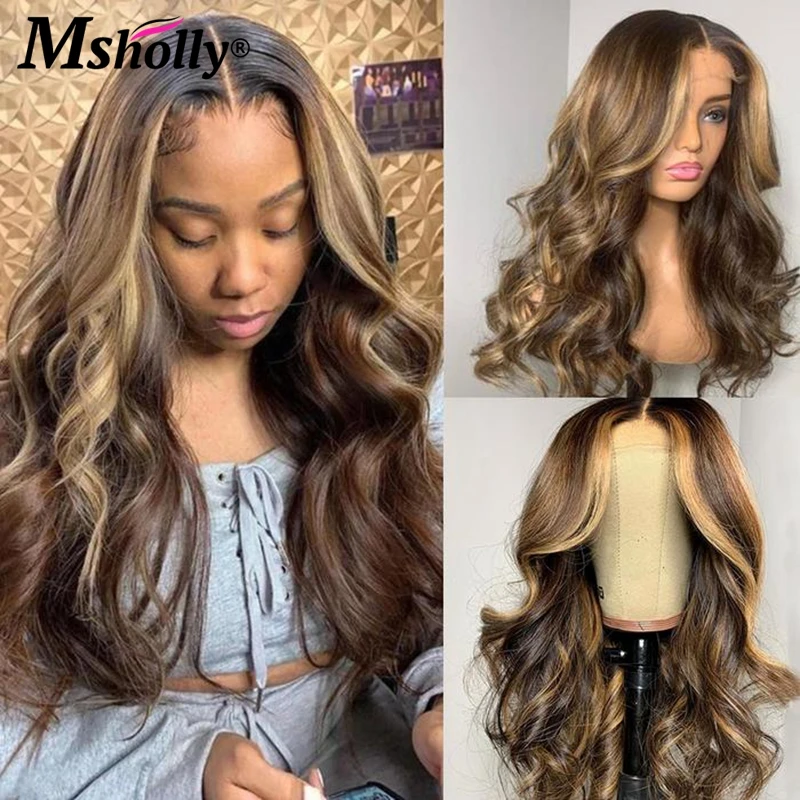 

Brown 4x4 Lace Closure Wig Colored Wavy Human Hair Wig With Highlight Pre-plucked Remy Glueless Brazilian Hair For Black Women