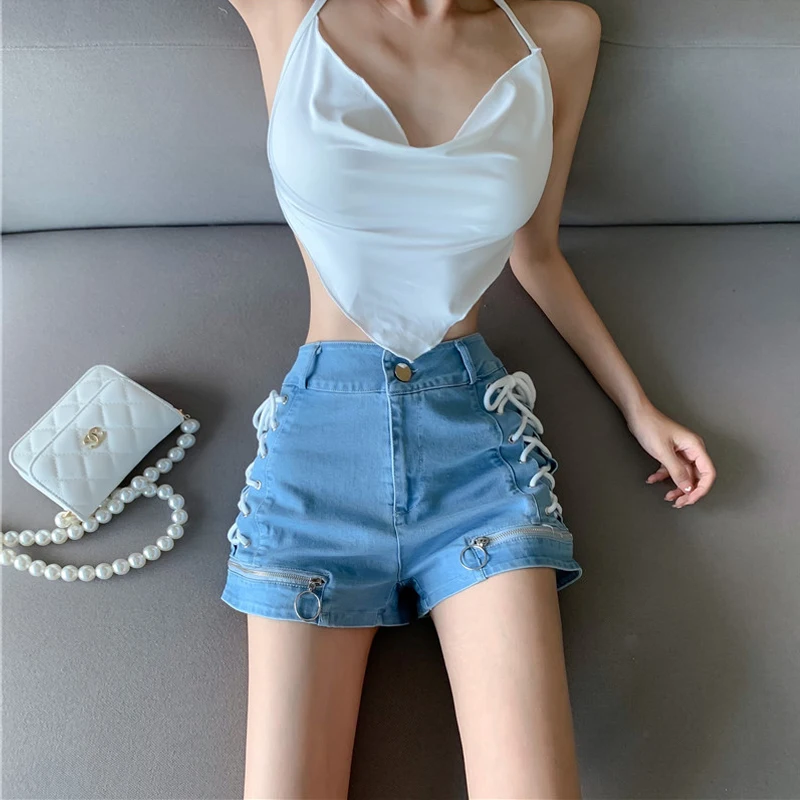 Женские джинсовые шорты на шнуровке летние пикантные облегающие с эластичной