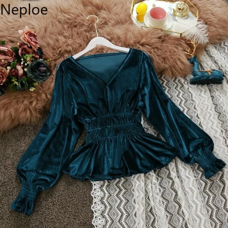 Neploe/шикарная короткая блузка с v-образным вырезом и оборками, Женская однотонная блуза с длинными рукавами и плиссировкой, осенняя яркая шелковая рубашка, топ 46937