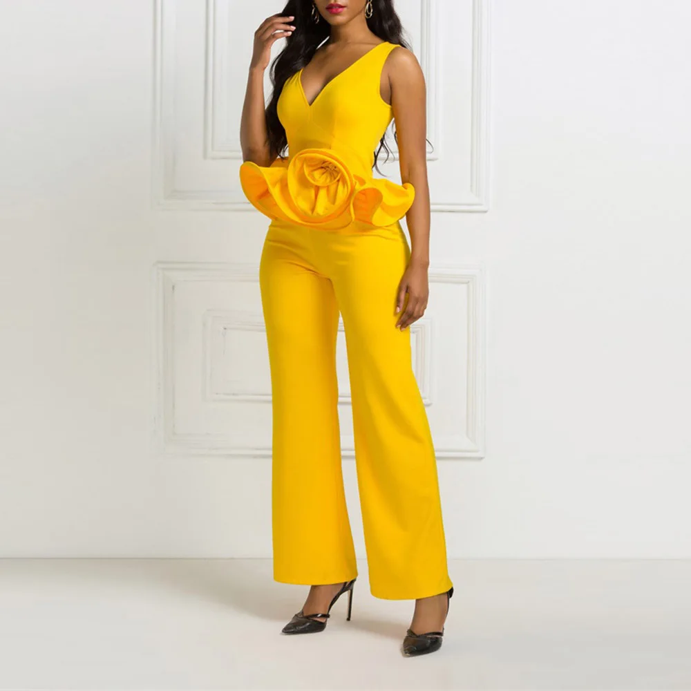 African Fashion Women Jumpsuit Plus Size S-2XL Solid Yellow Ruffles Party Long Jumpsuits Elegant Office Ladies Playsuit Rompers |