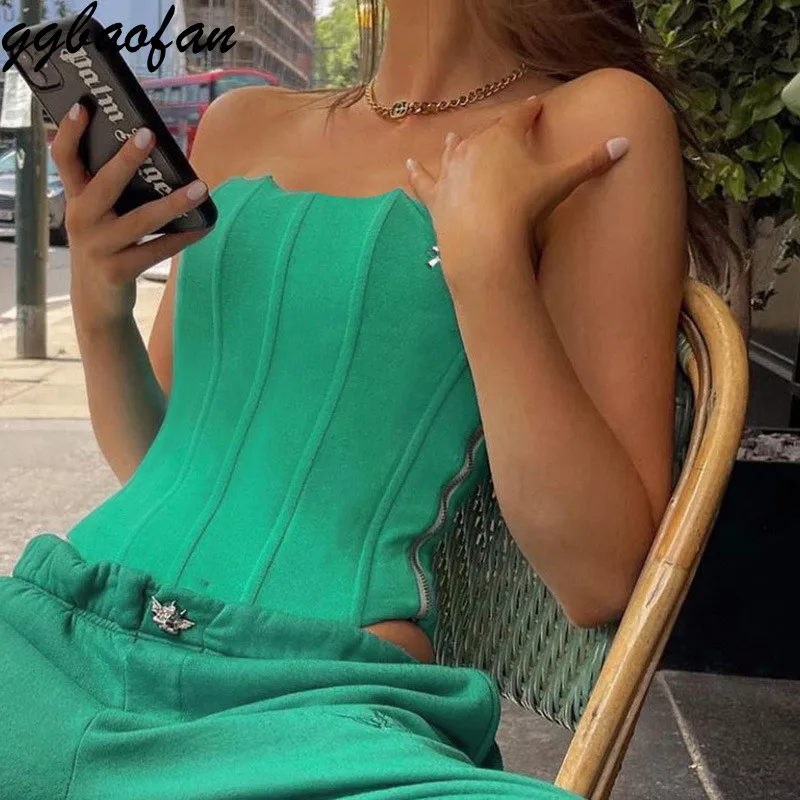 

Ggbaofan Sexy Fashion Zipper Strapless Corset Crop Tops For Women Backless Sleeveless Gathered Cropped Top Club Party Streetwear