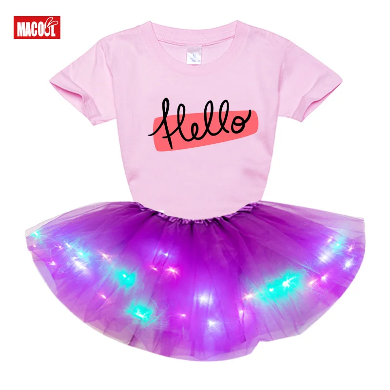 Fashion Light LED Tutu Dress+t Shirt 2 Pcs Set 2020 Summer Girl T Shirts Rainbow Tutu Dress T Shirt Kids Toddler Baby Cute Dress