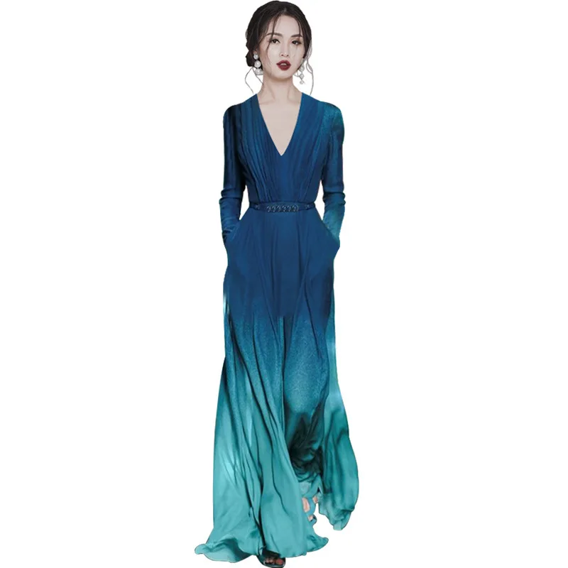 

Summer European and American catwalk gradient chiffon dress V-neck slim new dress