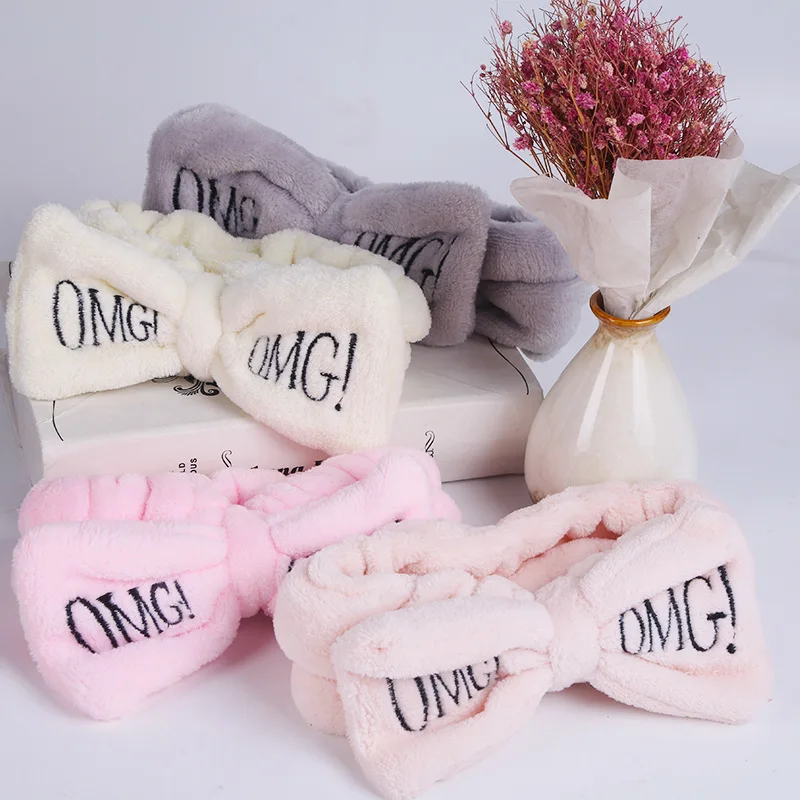 Новое письмо "OMG" Повязки для женщин Flannel Мягкий Лук Повязки Девушки мыть лицо turban Симпатичные эластичные головные уборы аксессуары для волос