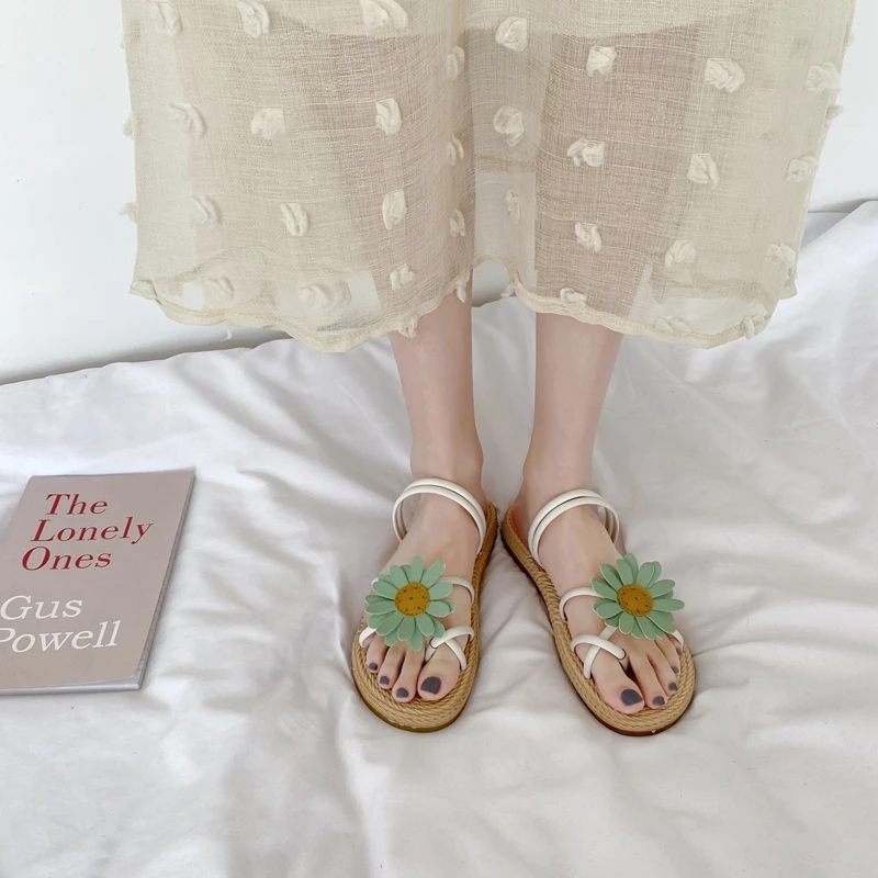 

ELLALEE Leisure Sandals Women Sunflower Low Heel PU Leather Thin Strap Rubber Non-slip Ladies Outside Slippers Summer Shoes